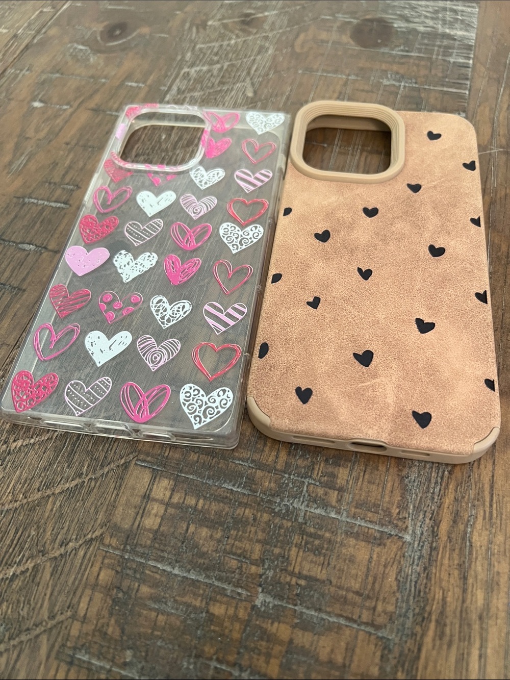 IPhone14 Pro max  Case Duo - Pink Heart Clear & Tan Heart Protective Covers